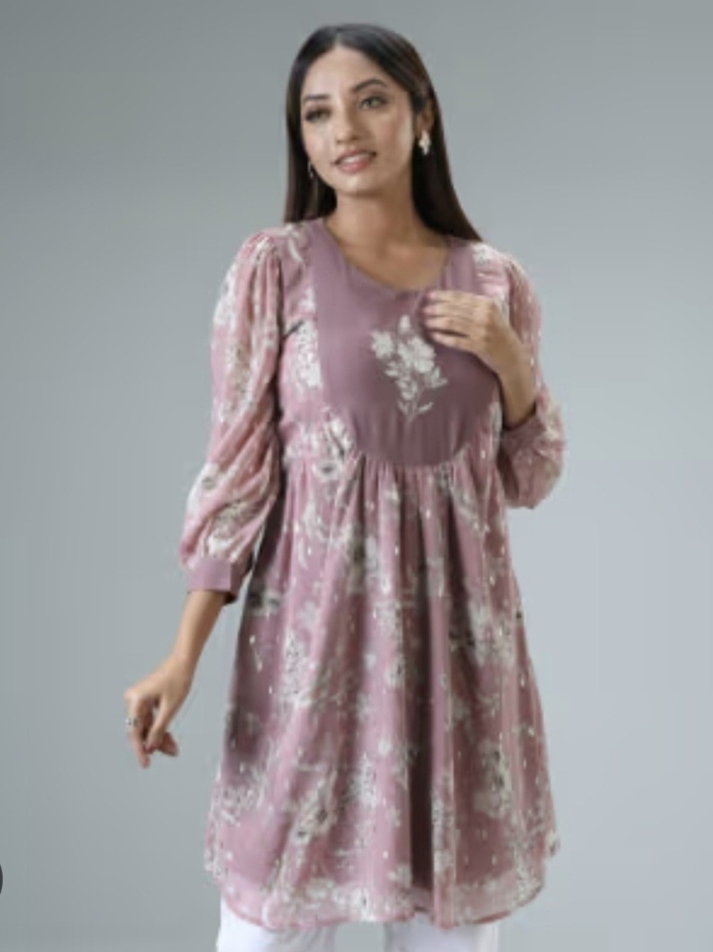 Sara Mauve Floral Long-Sleeve Tunic Dress